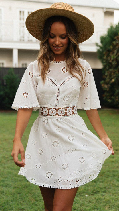 Eyelet Embroidery Backless Hollow Out Cutout Tassel Cotton-like Dress for