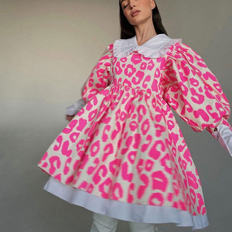 Fall Dress Long Sleeve High Waist Print A line Dress Doll Collar Bubble Babydoll Dress