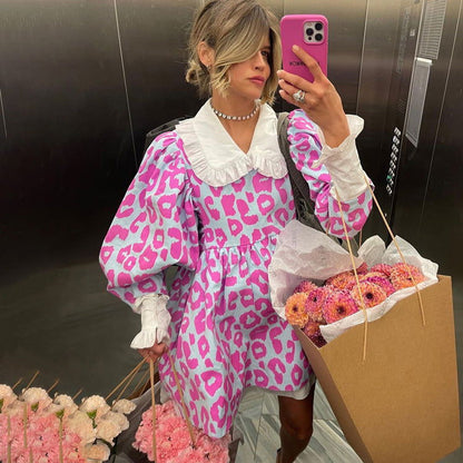 Fall Dress Long Sleeve High Waist Print A line Dress Doll Collar Bubble Babydoll Dress
