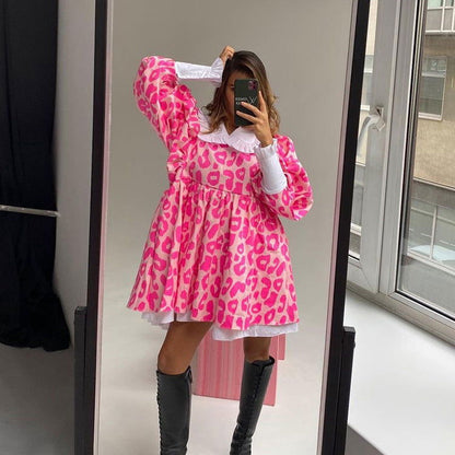 Fall Dress Long Sleeve High Waist Print A line Dress Doll Collar Bubble Babydoll Dress