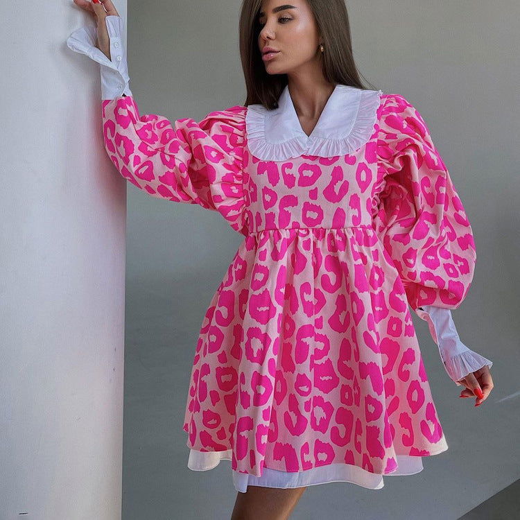 Fall Dress Long Sleeve High Waist Print A line Dress Doll Collar Bubble Babydoll Dress