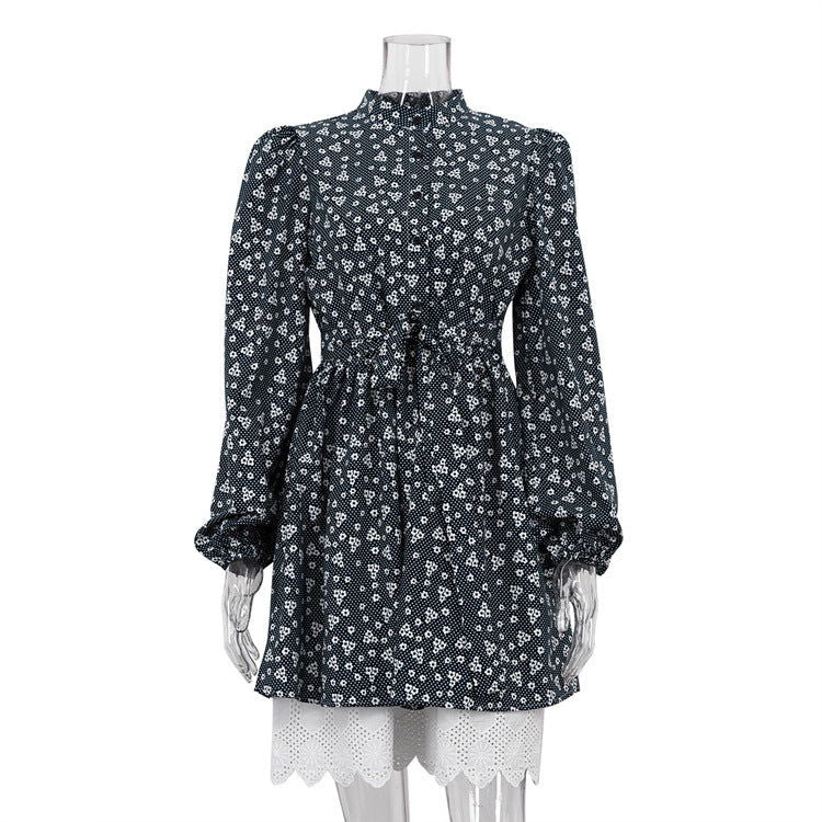 Fall French Elegant Puff Sleeve Floral Stup Collar Cinched Long Sleeve A line Dress