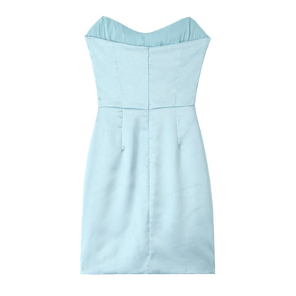 Fall French Vintage Crumpled Slim Silk Satin Texture Tube Top Dress Short Evening Dress