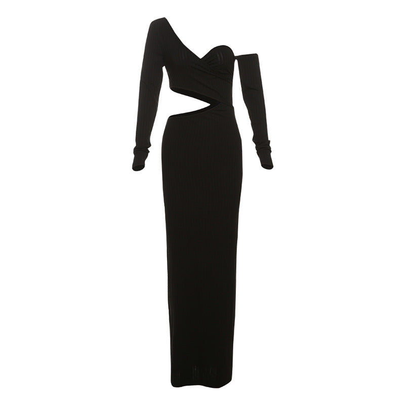 Fall Long Sleeve Diagonal Collar Cutout Slim Fit Hip Wrapped Dress