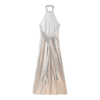 Fall Sequ Hanging Collar Flared Sleeveless Slim Maxi Dress