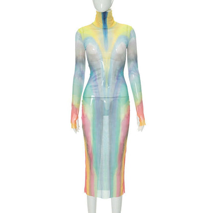 Fall Mesh See through Turtleneck Long Sleeve Slim Fit High Waist Length Dress