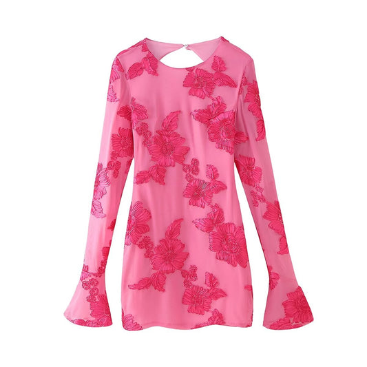 Fall round Neck Back Hollow Out Cutout out Three Dimensional Plate Floral Long Sleeve Backless Dress