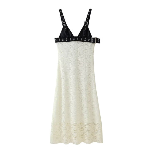 Faux Leather Stitching Deep V Plunge neck Dress Lace V neck Patchwork Maxi Dress