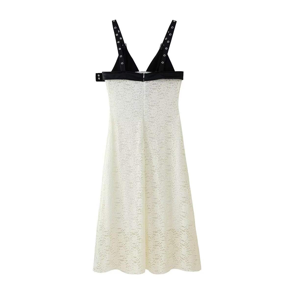 Faux Leather Stitching Deep V Plunge neck Dress Lace V neck Patchwork Maxi Dress