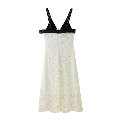 Faux Leather Stitching Deep V Plunge neck Dress Lace V neck Patchwork Maxi Dress