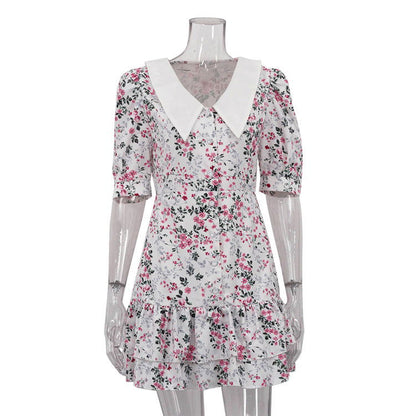 Floral Dress High Grade French Short Sleeve Collared Waist Tight Slimming Tea Break A line Dress