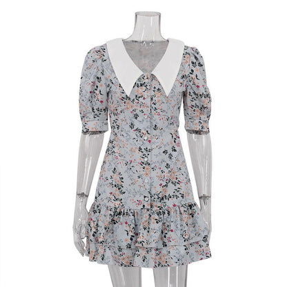 Floral Dress High Grade French Short Sleeve Collared Waist Tight Slimming Tea Break A line Dress