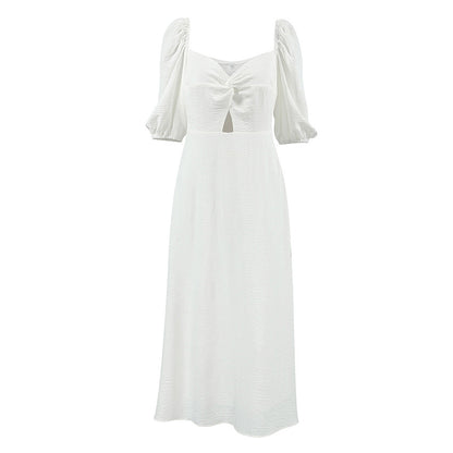 French Bubble Wrinkle Square Collar Slimming Puff Sleeve A line Dress Arrival