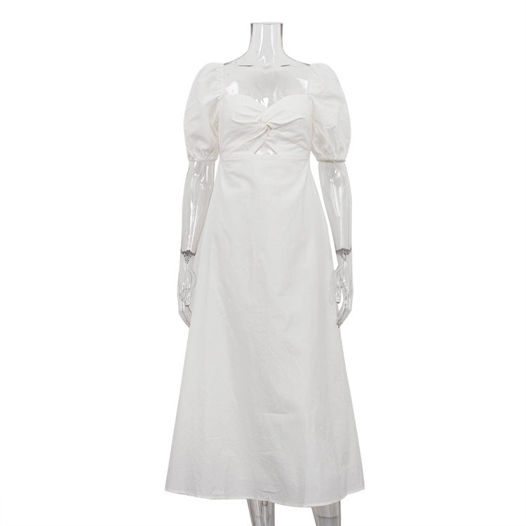 French Design Square Collar Slimming Puff Sleeve A Line Dress White Dress
