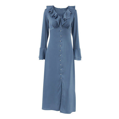French Imitation Acetate Satin V neck Flared Sleeves High Waist Ruffles Dress Autumn