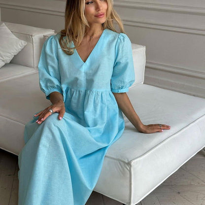 French Lightly Mature V neck Puff Sleeve Blue Dress Arrival Casual Dress