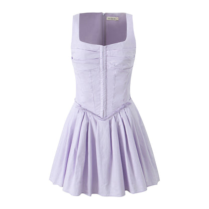 French Sleeveless Breasted Dress Sweet Spicy Slim Solid Color A line Pleated Dress