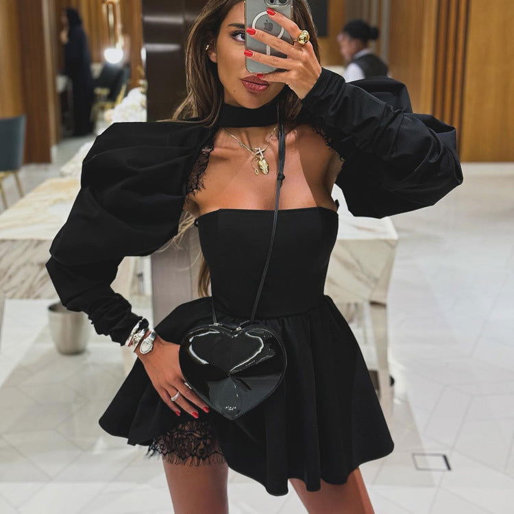 French Tube Top High Grade Backless Long Sleeves Black Two Piece A Line Dress