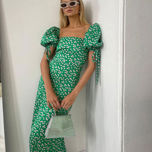 French Holiday Dress Floral Puff Sleeve off Neck Slim Fit Long Dress