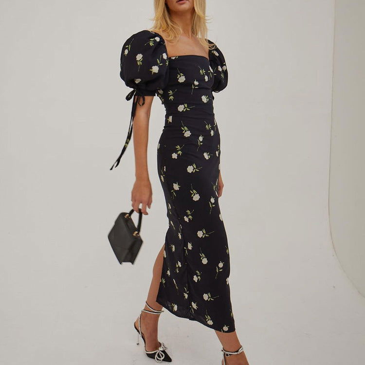 French Holiday Dress Floral Puff Sleeve off Neck Slim Fit Long Dress