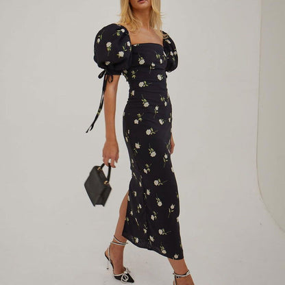 French Holiday Dress Floral Puff Sleeve off Neck Slim Fit Long Dress