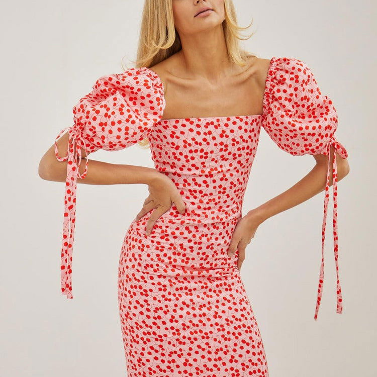 French Holiday Dress Floral Puff Sleeve off Neck Slim Fit Long Dress