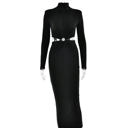 Half High Collar Long Sleeves Stitching Backless Pleated Dress Winter