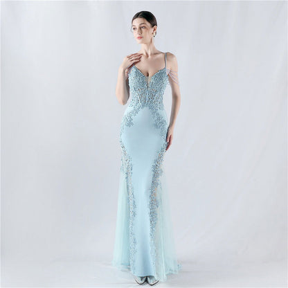 Heavy Embroidery Drilling Boning Corset Vest Lace Beaded High Fork Evening Dress