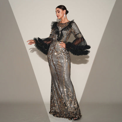 High End Long Sleeve Crew Neck Long Sequined Cocktail Fishtail Evening Dress Bridesmaid Dress