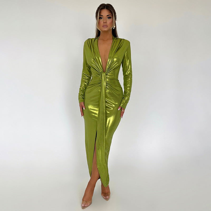 Metallic Coated Fabric Dress Glossy V neck Long Sleeve Stitching Ruffle Hip Leather Dress