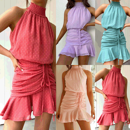 Fresh Sweet Drawstring Halter Chiffon Dress