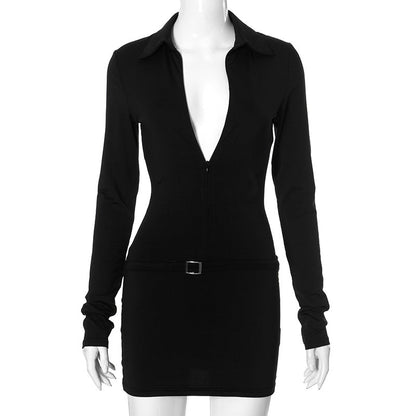 Collared Front Chest Zipper Metal Buckle Hip Wrapped Short Dress