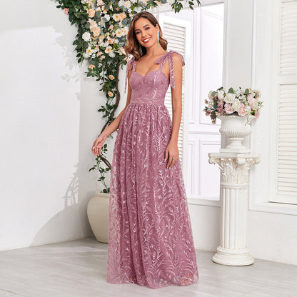 Embroidery Pattern Tied V neck U Back Zipper Large A Hem Full Lining Party Evening Dress