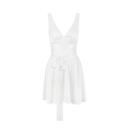 Dress Deep V Plunge Lace up Slim Fit Backless White Short Sleeveless