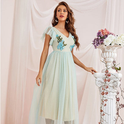 Mesh Dress V neck High Waist Short Sleeve A line Fairy Dress