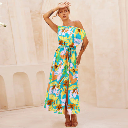 Elegant Slim Printed Dress Off Neck Slit Belt Dress