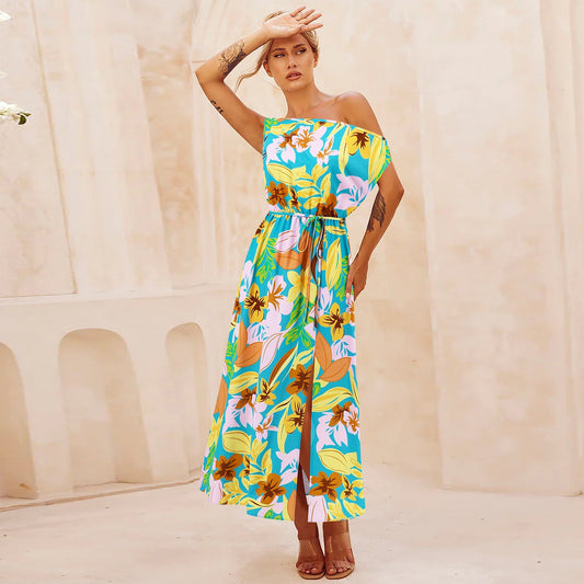 Elegant Slim Printed Dress Off Neck Slit Belt Dress