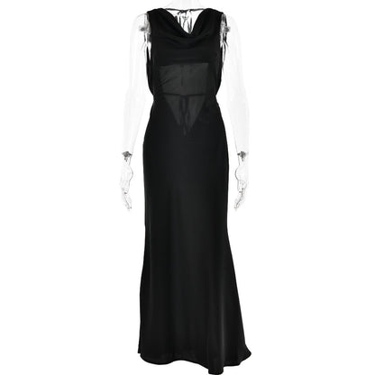 Cocktail Evening Dress Sling Swing Collar Dress Backless Lace Up Maxi Dress