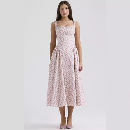Floral Bohemian Waist Tight Slim Backless Vacation Sling Mid Length Dress