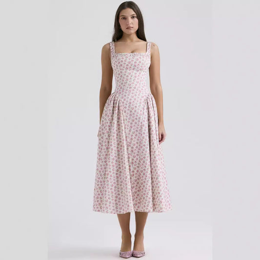 Floral Bohemian Waist Tight Slim Backless Vacation Sling Mid Length Dress