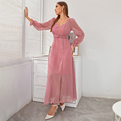 Dress  Arrival Pink Voile Long Dress High Waist Slim Fit