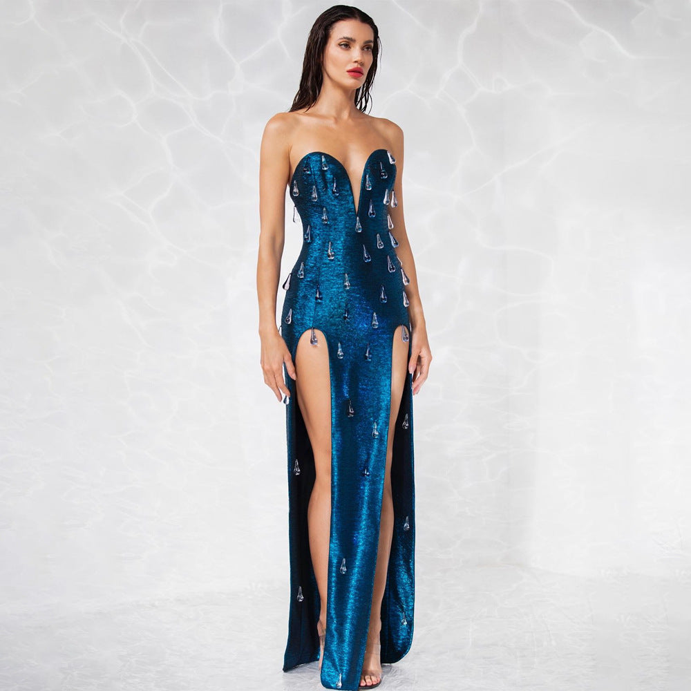 Hollow Out Cutout out Bronzing Tube Top Rhinestone Slim Fit Sheath Fitted Waist Maxi Dress