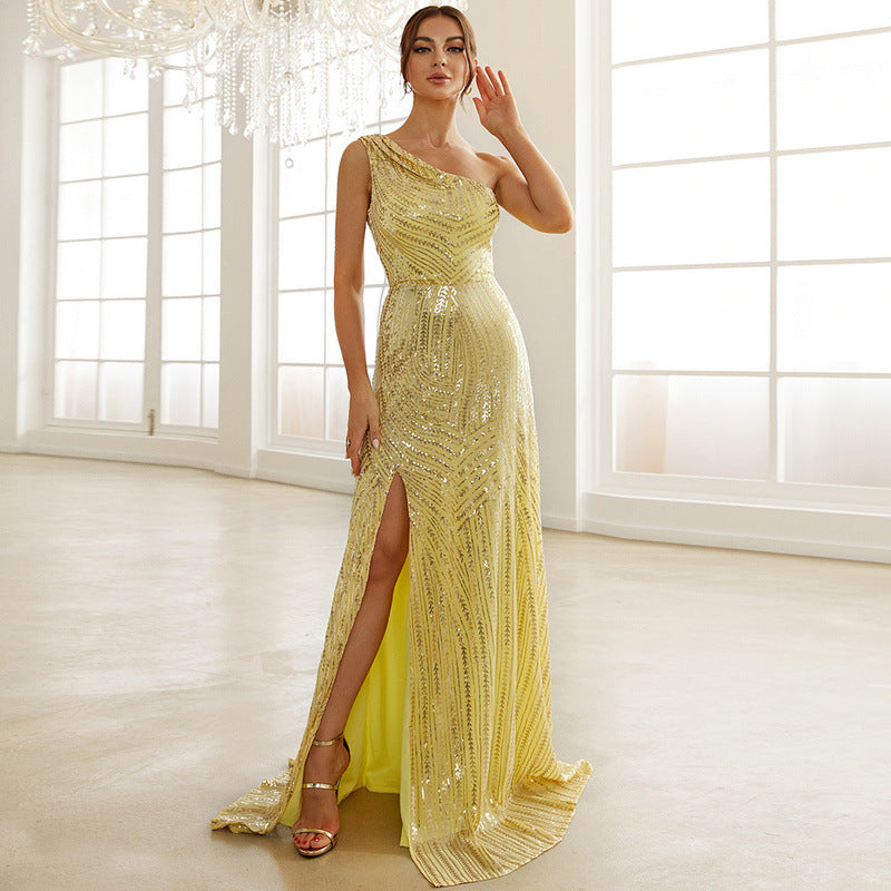 Elegant Party Crossbody Sequined Cocktail Split Fishtail Small Trailing Evening Dress for