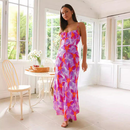 Fresh Sweet Floral Print Backless Mid Length Dress