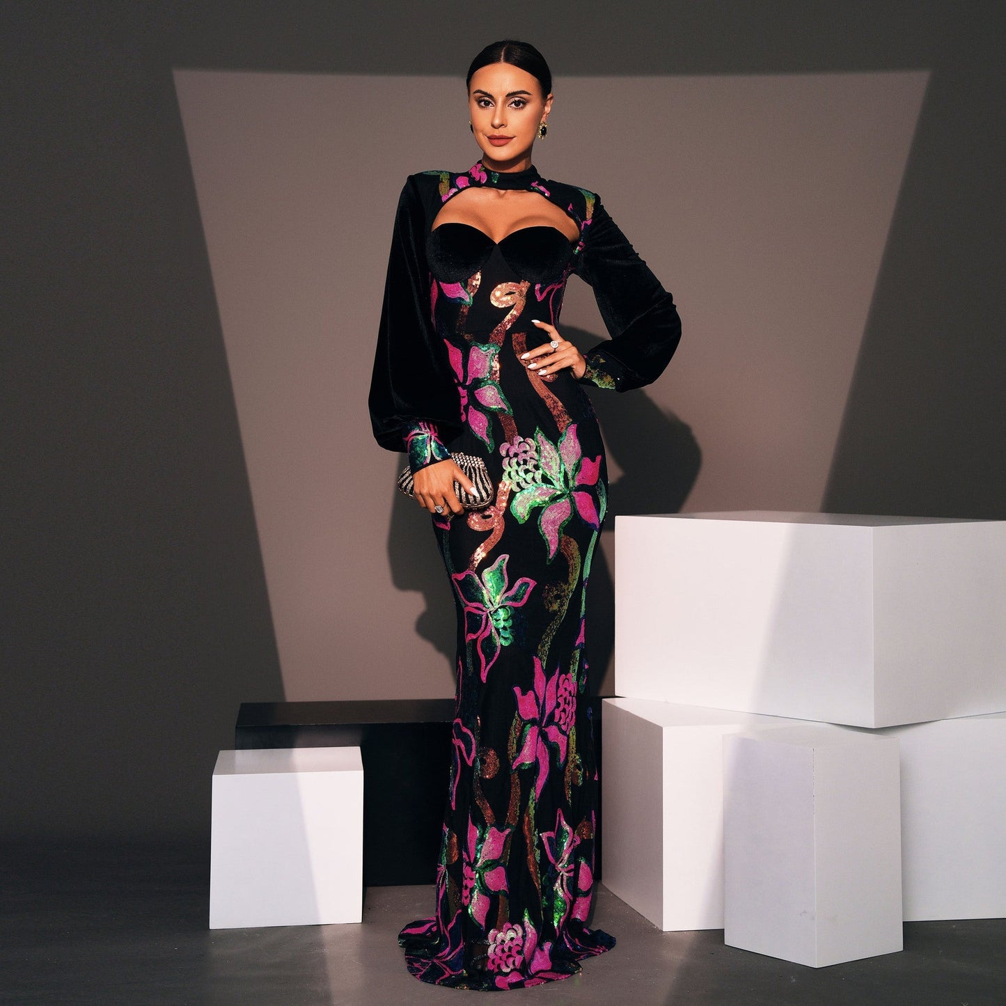 Long Sleeve Crew Neck Cutout Long Sequined Cocktail Evening Dress Bridesmaid