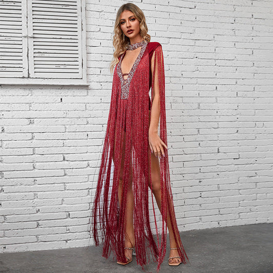Deep V Plunge Luxury Rhinestone Tassel Dress Party High End Dinner Performance Dress