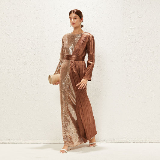 Elegant Embroidery Sequin Stitching Crumpled Satin Dubai Waist Trimming Maxi Dress Prom Formal Gown Maxi