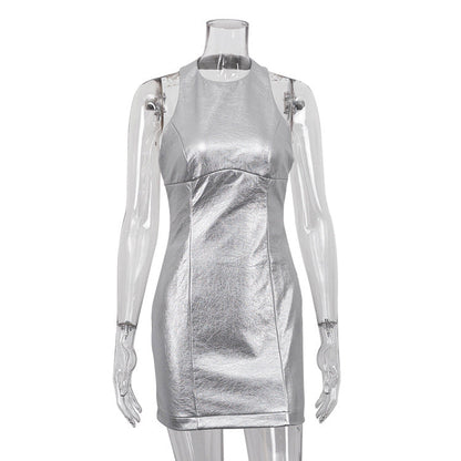 Faux Leather Silver Backless Hip Dress