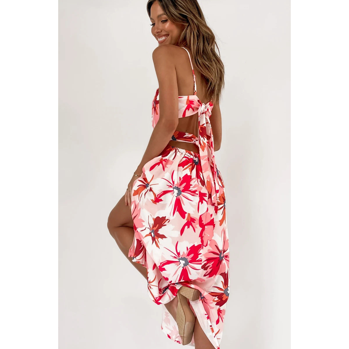 Digital Floral Print Fresh Vestidos Sweet Back Lace-up Estampado Floral Dress