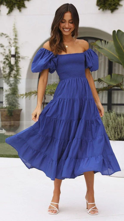 Holiday Slim Fit Backless Large Swing Dress off-Neck Printed Dress Summer